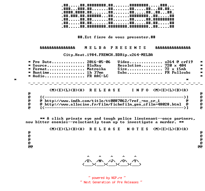 NFO for the release City.Heat.1984.FRENCH.BDRip.x264-MELBA by MELBA