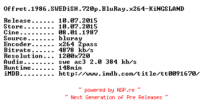 NFO for the release Offret.1986.SWEDiSH.720p.BluRay.x264-KiNGSLAND by KiNGSLAND