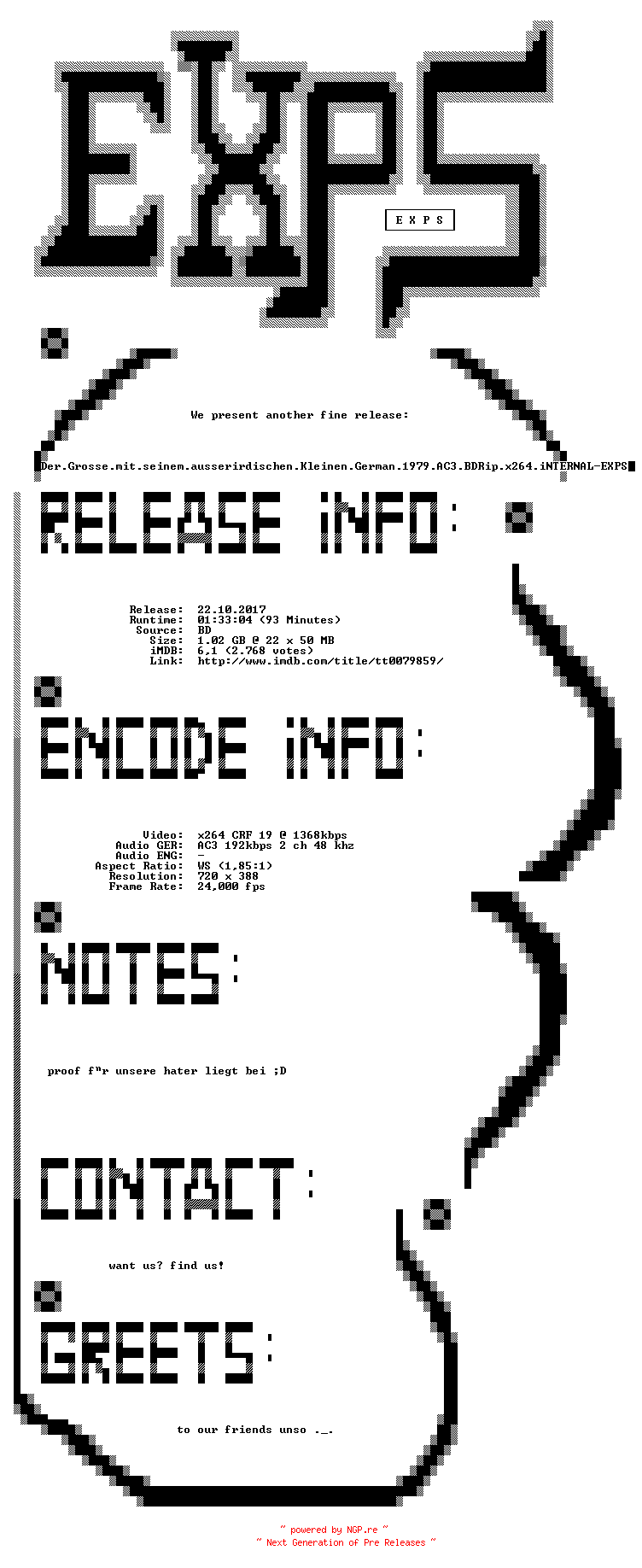 NFO for the release Der.Grosse.mit.seinem.ausserirdischen.Kleinen.German.1979.AC3.BDRip.x264.iNTERNAL-EXPS by EXPS