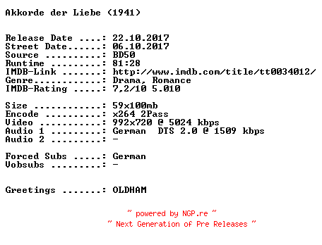 NFO for the release Akkorde.der.Liebe.1941.German.720p.BluRay.x264-SPiCY by SPiCY