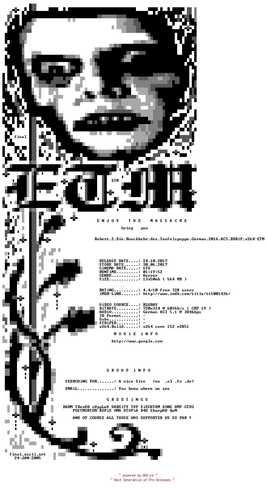 NFO for the release Robert.2.Die.Rueckkehr.der.Teufelspuppe.German.2016.AC3.BDRiP.x264-ETM by ETM