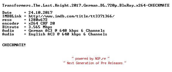 NFO for the release Transformers.The.Last.Knight.2017.German.DL.720p.BluRay.x264-CHECKMATE by CHECKMATE