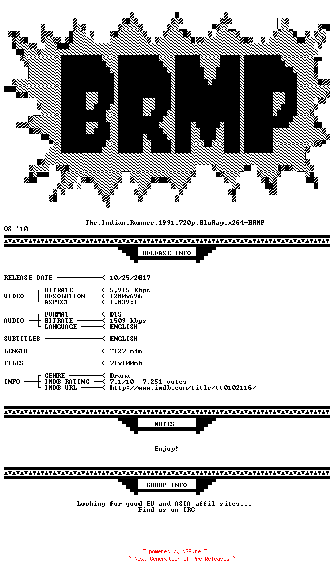 NFO for the release The.Indian.Runner.1991.720p.BluRay.x264-BRMP by BRMP