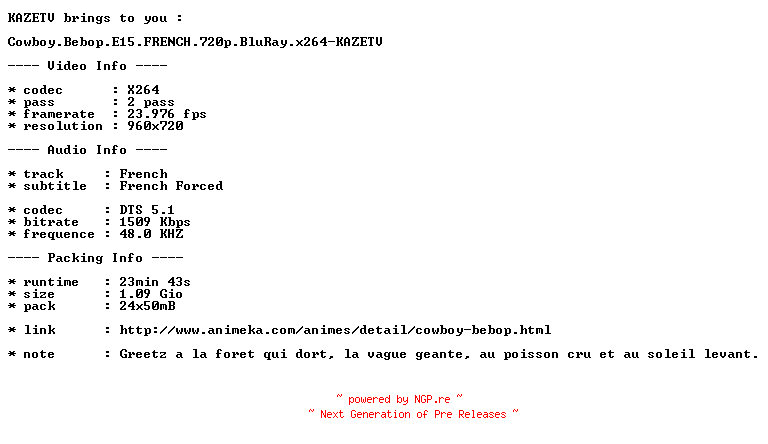 NFO for the release Cowboy.Bebop.E15.FRENCH.720p.BluRay.x264-KAZETV by KAZETV