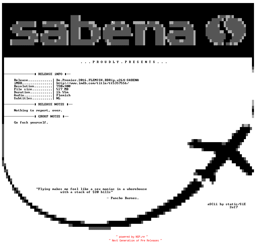 NFO for the release De.Premier.2016.FLEMISH.BDRip.x264-SABENA by SABENA