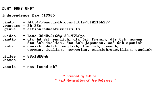 NFO for the release Independence.Day.1996.COMPLETE.UHD.BLURAY-DUH by DUH