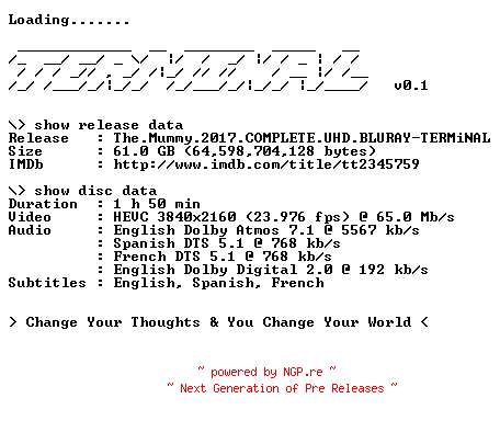 NFO for the release The.Mummy.2017.COMPLETE.UHD.BLURAY-TERMiNAL by TERMiNAL