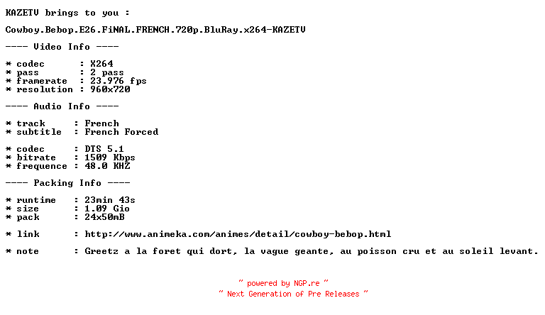 NFO for the release Cowboy.Bebop.E26.FiNAL.FRENCH.720p.BluRay.x264-KAZETV by KAZETV