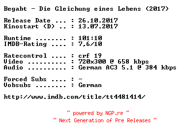 NFO for the release Begabt.Die.Gleichung.eines.Lebens.German.2017.AC3.BDRip.x264-COiNCiDENCE by COiNCiDENCE