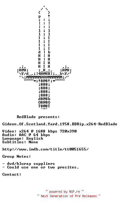 NFO for the release Gideon.Of.Scotland.Yard.1958.BDRip.x264-RedBlade by RedBlade