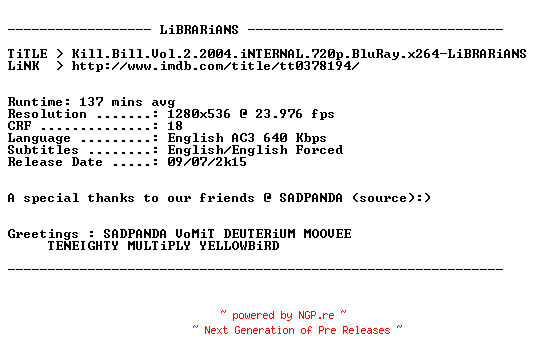 NFO for the release Kill.Bill.Vol.2.2004.iNTERNAL.720p.BluRay.x264-LiBRARiANS by LiBRARiANS