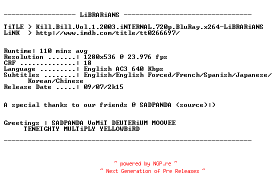 NFO for the release Kill.Bill.Vol.1.2003.iNTERNAL.720p.BluRay.x264-LiBRARiANS by LiBRARiANS
