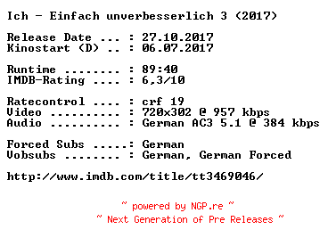 NFO for the release Ich.Einfach.unverbesserlich.3.German.2017.AC3.BDRip.x264-COiNCiDENCE by COiNCiDENCE