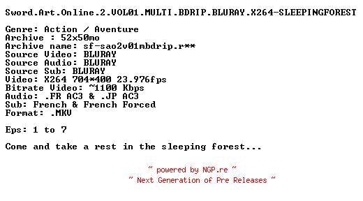 NFO for the release Sword.Art.Online.2.VOL01.MULTI.BDRIP.BLURAY.X264-SLEEPINGFOREST by SLEEPINGFOREST