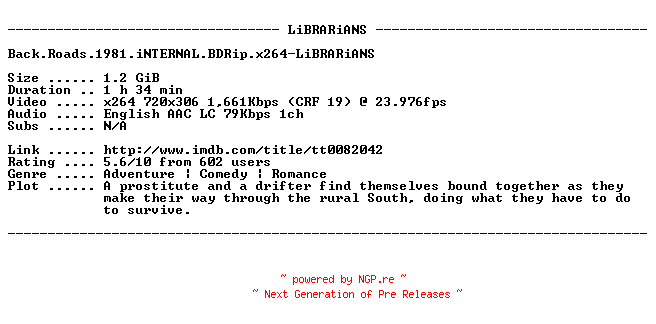 NFO for the release Back.Roads.1981.iNTERNAL.BDRip.x264-LiBRARiANS by LiBRARiANS