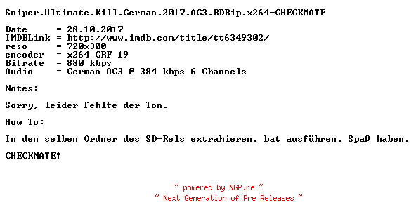 NFO for the release Sniper.Ultimate.Kill.German.2017.AC3.BDRip.x264.AUDiOFiX-CHECKMATE by CHECKMATE
