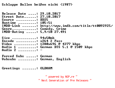 NFO for the release Schlappe.Bullen.beissen.nicht.1987.German.720p.BluRay.x264-SPiCY by SPiCY