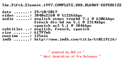 NFO for the release The.Fifth.Element.1997.COMPLETE.UHD.BLURAY-SUPERSIZE by SUPERSIZE