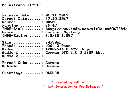 NFO for the release Malastrana.1971.German.720p.BluRay.x264-SPiCY by SPiCY