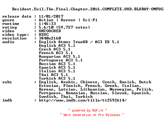 NFO for the release Resident.Evil.The.Final.Chapter.2016.COMPLETE.UHD.BLURAY-OMFUG by OMFUG