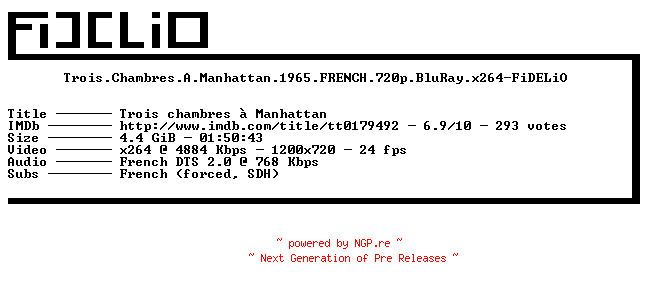 NFO for the release Trois.Chambres.A.Manhattan.1965.FRENCH.720p.BluRay.x264-FiDELiO by FiDELiO