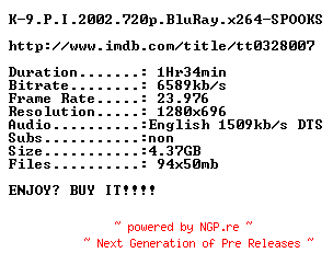 NFO for the release K-9.P.I.2002.720p.BluRay.x264-SPOOKS by SPOOKS