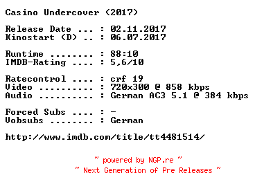 NFO for the release Casino.Undercover.German.2017.AC3.BDRip.x264-COiNCiDENCE by COiNCiDENCE