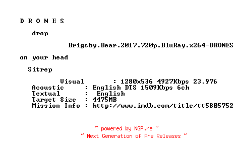 NFO for the release Brigsby.Bear.2017.720p.BluRay.x264-DRONES by DRONES