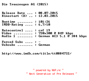 NFO for the release Die.Trauzeugen.AG.German.2015.AC3.BDRiP.x264-EXQUiSiTE by EXQUiSiTE