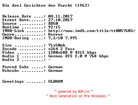 NFO for the release Die.Drei.Gesichter.Der.Furcht.1963.German.720p.BluRay.x264-SPiCY by SPiCY