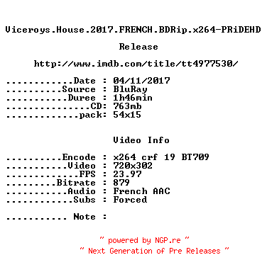 NFO for the release Viceroys.House.2017.FRENCH.BDRip.x264-PRiDEHD by PRiDEHD