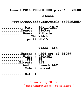 NFO for the release Tunnel.2016.FRENCH.BDRip.x264-PRiDEHD by PRiDEHD