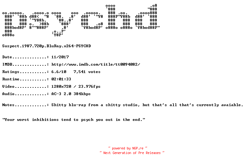 NFO for the release Suspect.1987.720p.BluRay.x264-PSYCHD by PSYCHD