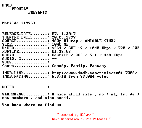 NFO for the release Matilda.German.1996.AC3D.BDRiP.x264.iNTERNAL-HQOD by HQOD