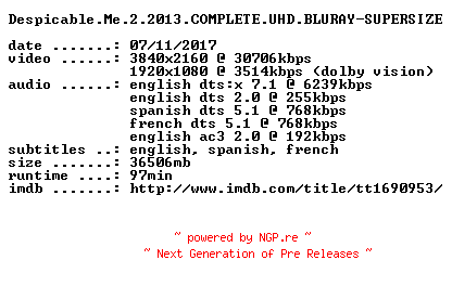 NFO for the release Despicable.Me.2.2013.COMPLETE.UHD.BLURAY-SUPERSIZE by SUPERSIZE
