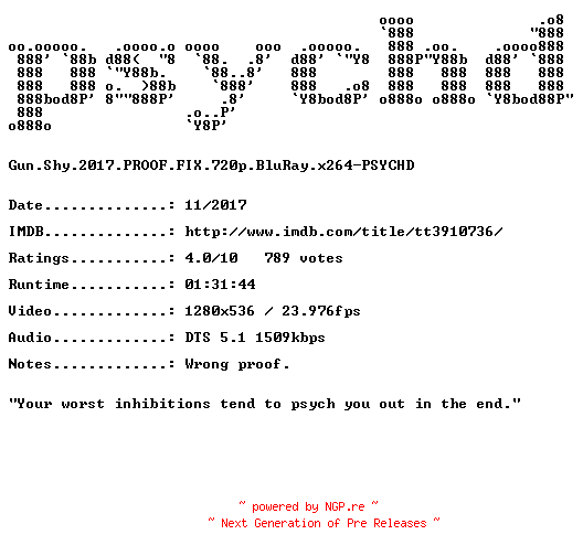 NFO for the release Gun.Shy.2017.PROOF.FIX.720p.BluRay.x264-PSYCHD by PSYCHD