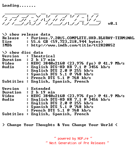 NFO for the release Furious.7.2015.COMPLETE.UHD.BLURAY-TERMiNAL by TERMiNAL