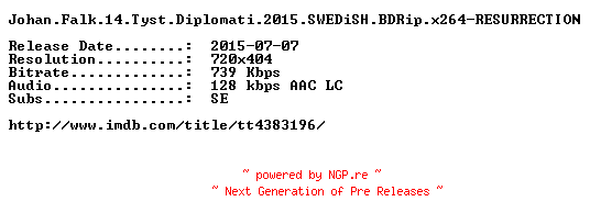 NFO for the release Johan.Falk.14.Tyst.Diplomati.2015.SWEDiSH.BDRip.x264-RESURRECTION by RESURRECTION