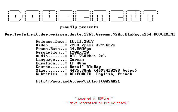 NFO for the release Der.Teufel.mit.der.weissen.Weste.1963.German.720p.BluRay.x264-DOUCEMENT by DOUCEMENT