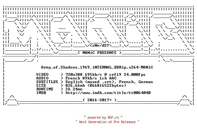 NFO for the release Army.of.Shadows.1969.iNTERNAL.BDRip.x264-MANiC by MANiC
