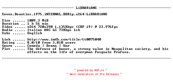 NFO for the release Seven.Beauties.1975.iNTERNAL.BDRip.x264-LiBRARiANS by LiBRARiANS