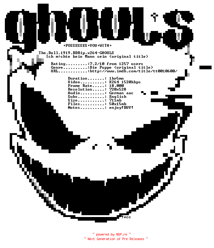 NFO for the release The.Doll.1919.BDRip.x264-GHOULS by GHOULS