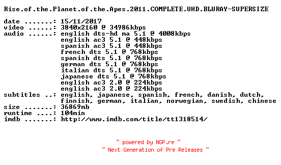 NFO for the release Rise.of.the.Planet.of.the.Apes.2011.COMPLETE.UHD.BLURAY-SUPERSIZE by SUPERSIZE