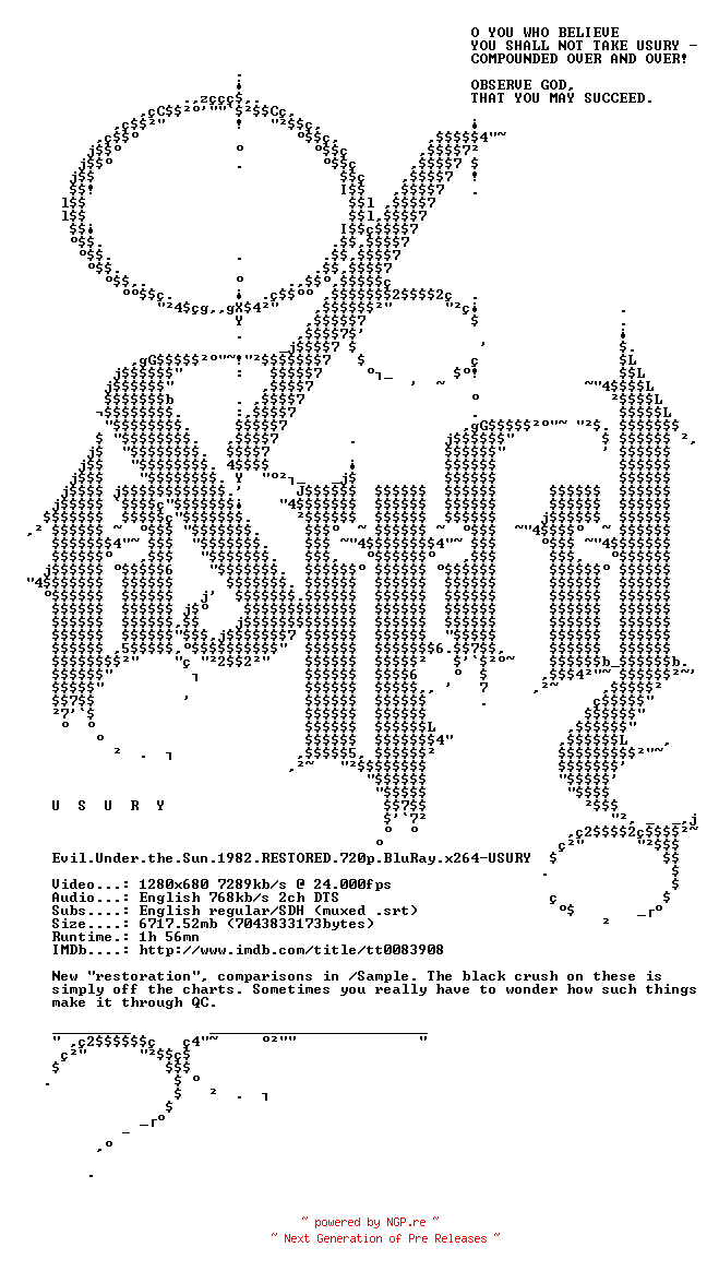 NFO for the release Evil.Under.the.Sun.1982.RESTORED.720p.BluRay.x264-USURY by USURY