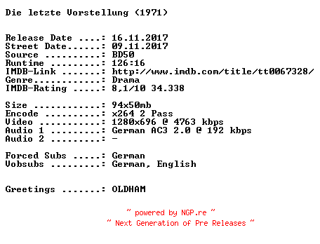 NFO for the release Die.letzte.Vorstellung.1971.German.720p.BluRay.x264-SPiCY by SPiCY