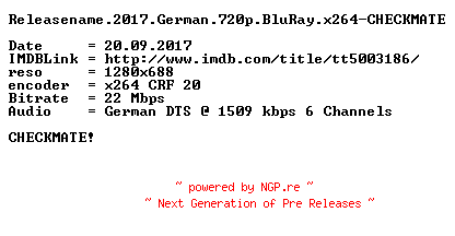 NFO for the release Love.finds.you.in.Charm.2015.German.DL.720p.BluRay.x264-CHECKMATE by CHECKMATE