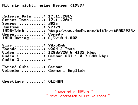 NFO for the release Mit.mir.nicht.meine.Herren.1959.German.720p.BluRay.x264-SPiCY by SPiCY