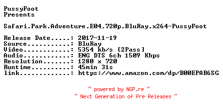 NFO for the release Safari.Park.Adventure.E04.720p.BluRay.x264-PussyFoot by PussyFoot