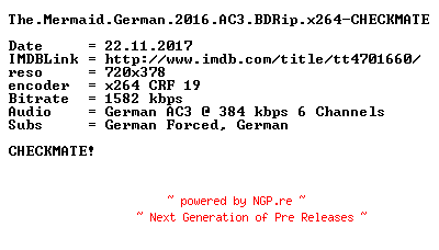 NFO for the release The.Mermaid.German.2016.AC3.BDRip.x264-CHECKMATE by CHECKMATE