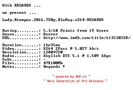 NFO for the release Lady.Krampus.2016.720p.BluRay.x264-REGARDS by REGARDS